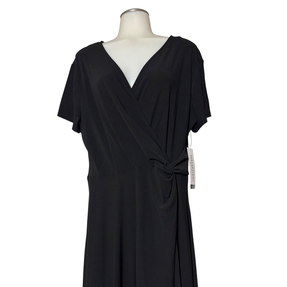 Perceptions Faux Wrap Dress Womens XL Black‎ Side Knot Handkerchief Hem NEW Midi